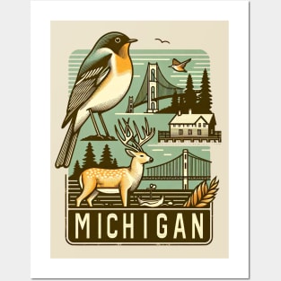 Michigan's Vintage Line Art - Nature and Landmarks Posters and Art